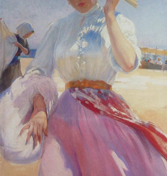 Dama z wachlarzem na plaży Barrau Buñol, Laureà (1863 - 1957)