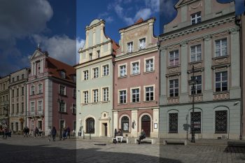 Widok na rząd kamienic na Starym Rynku w Poznaniu. W dwóch wyróżnionych graficznie kamienicach mieści się Muzeum Instrumentów Muzycznych.