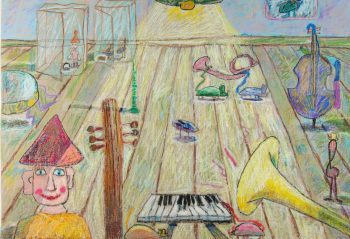 Rysunek dziecięcy przedstawiający różne instrumenty muzyczne