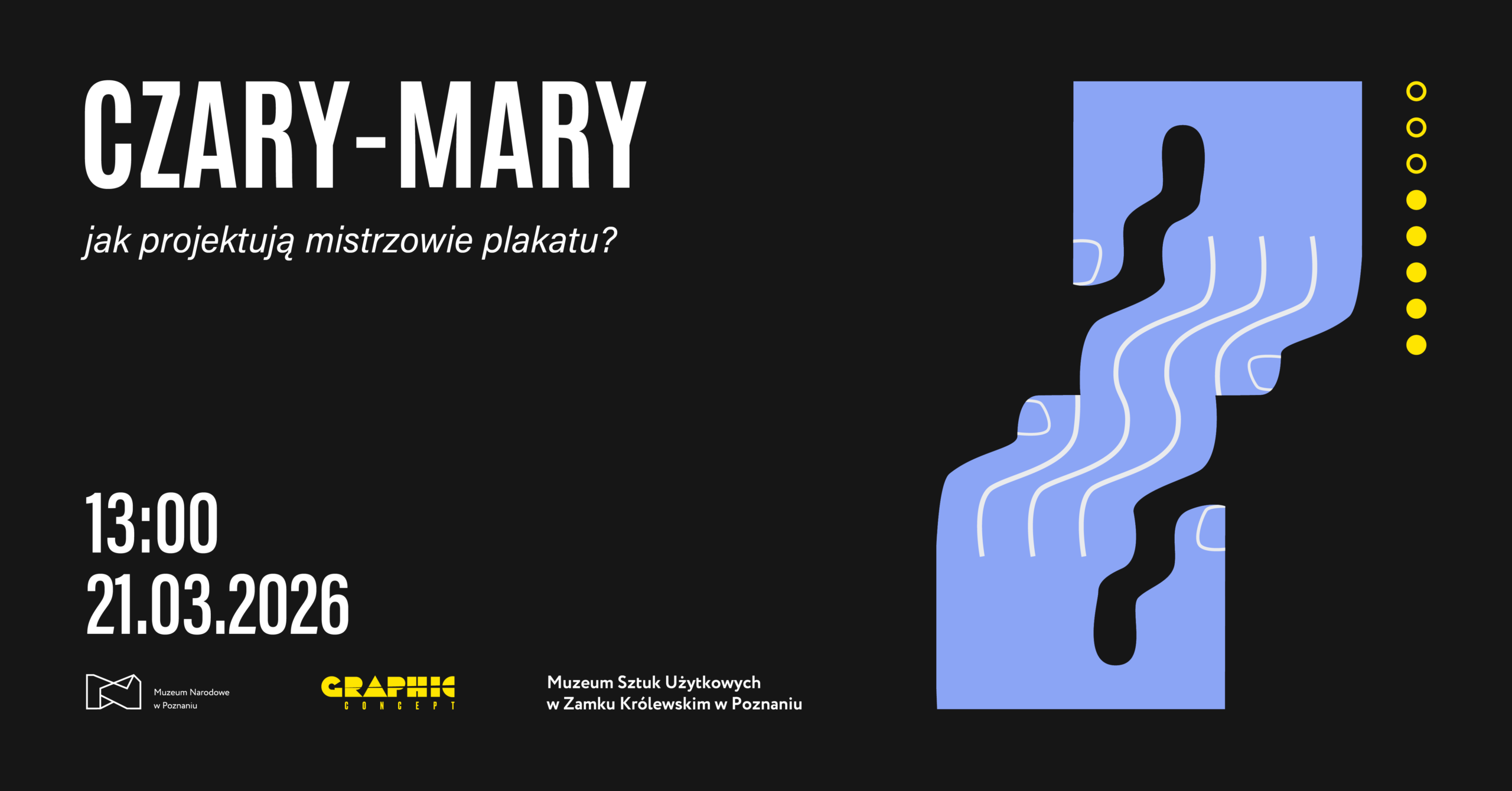 Czarny afisz z białym napisem: Czary-mary. Po prawej stronie graficzny motyw dwóch połączonych dłoni.