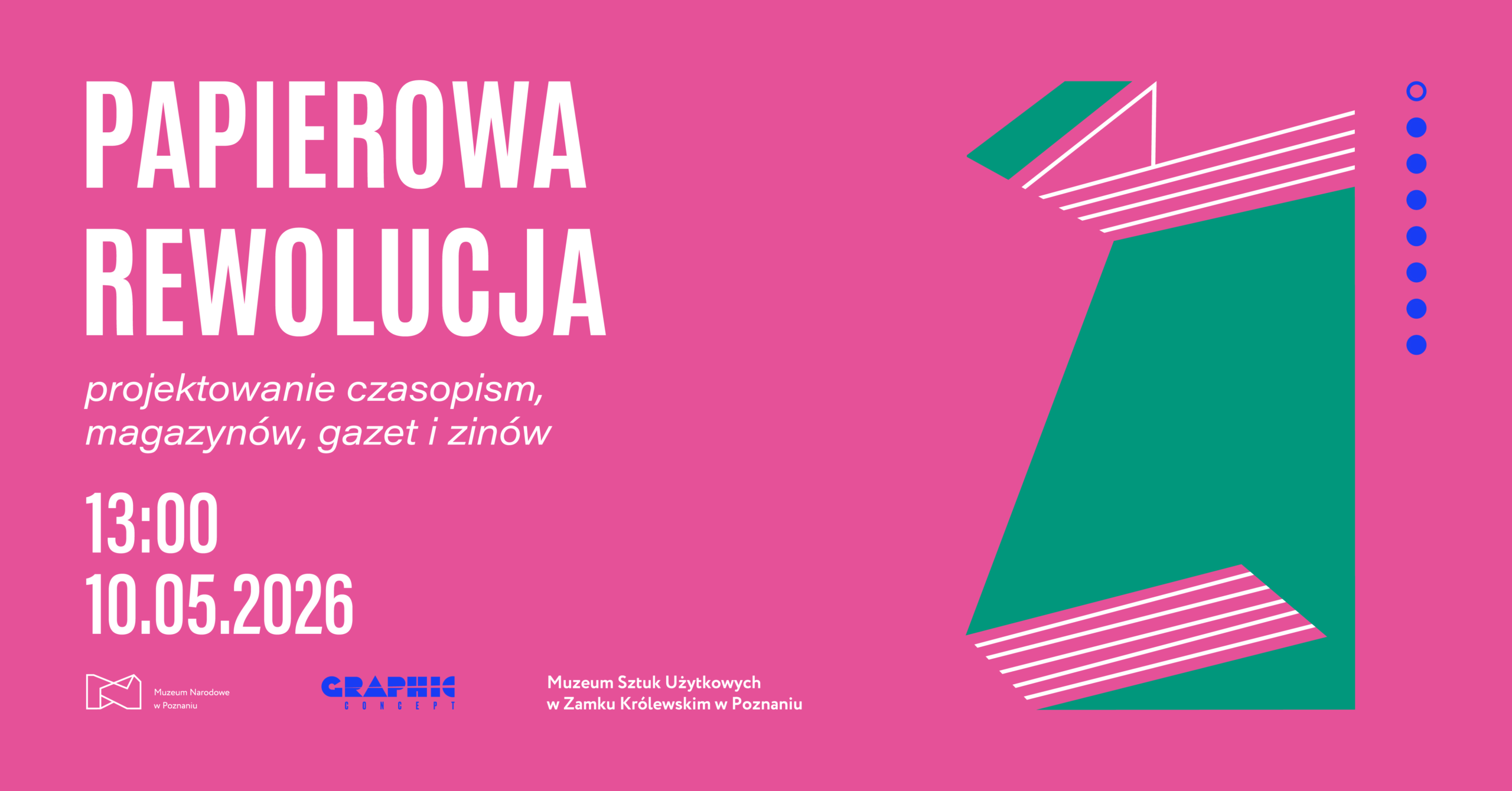 Grafika z napisem "Rewolucja papierowa". Białe litery na różowym tle, po prawej stronie zielona książka.