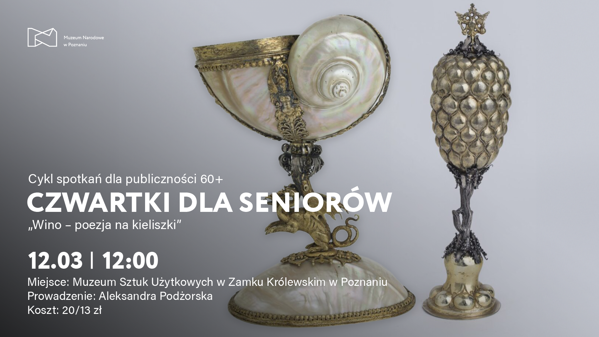 Afisz z napisem: Czwartki dla seniorów. W tle zdjęcie dwóch przedmiotów na wysokich nóżkach.