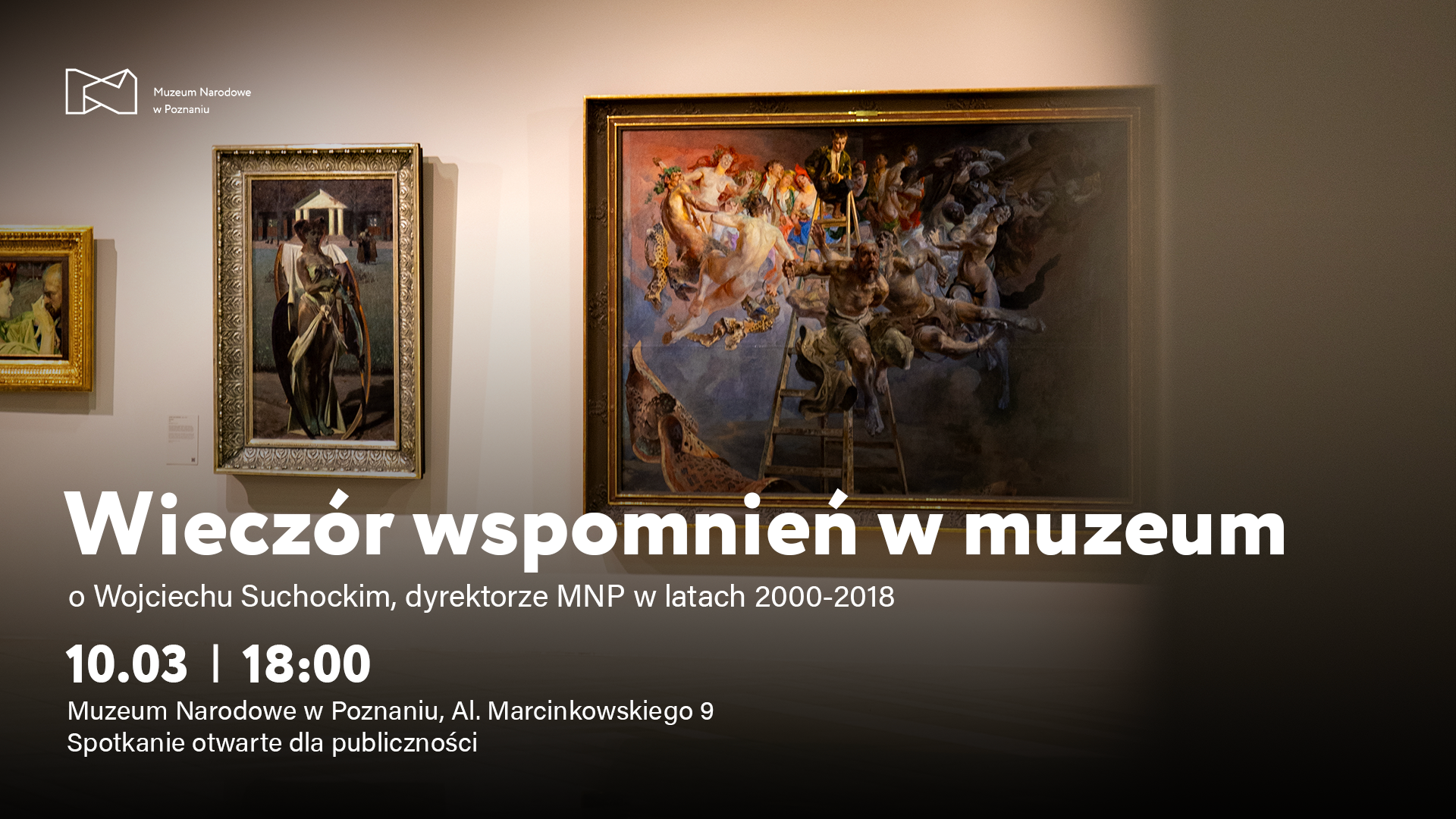Afisz z napisem: Wieczór wspomnień w muzeum. W tle ściana z trzema obrazami.