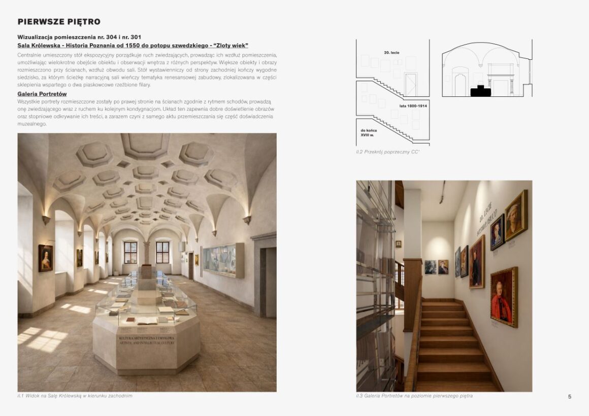 2. Sala Królewska Grafika z opisem, rysunkiem i dwoma zdjęciami przedstawiającymi zabytkowe wnętrza.
