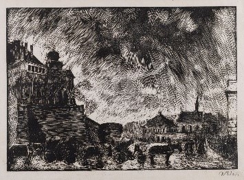 Widok na miasto. Po prawej fragment wzgórza z zabudowaniami.