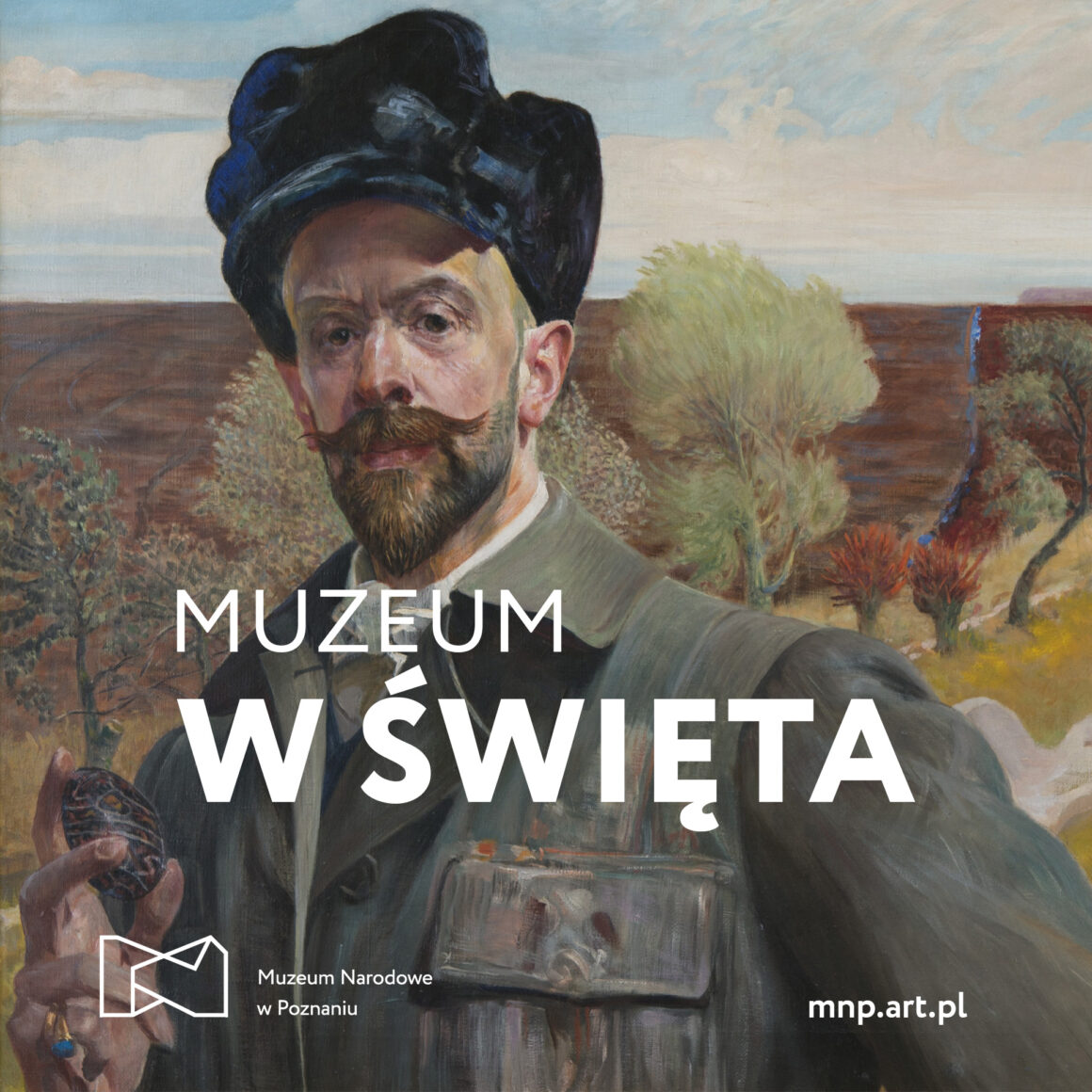 Portret mężczyzny z brodą i wąsami. Na środku napis: Muzeum w święta