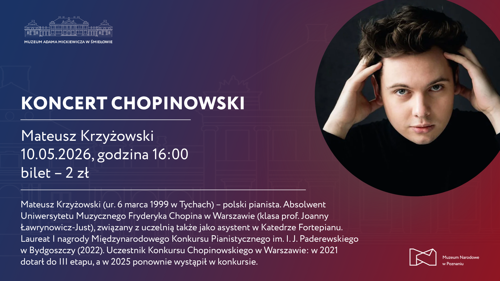 Grafika z napisem "Koncert chopinowski". Po prawej zdjęcie młodego mężczyzny.