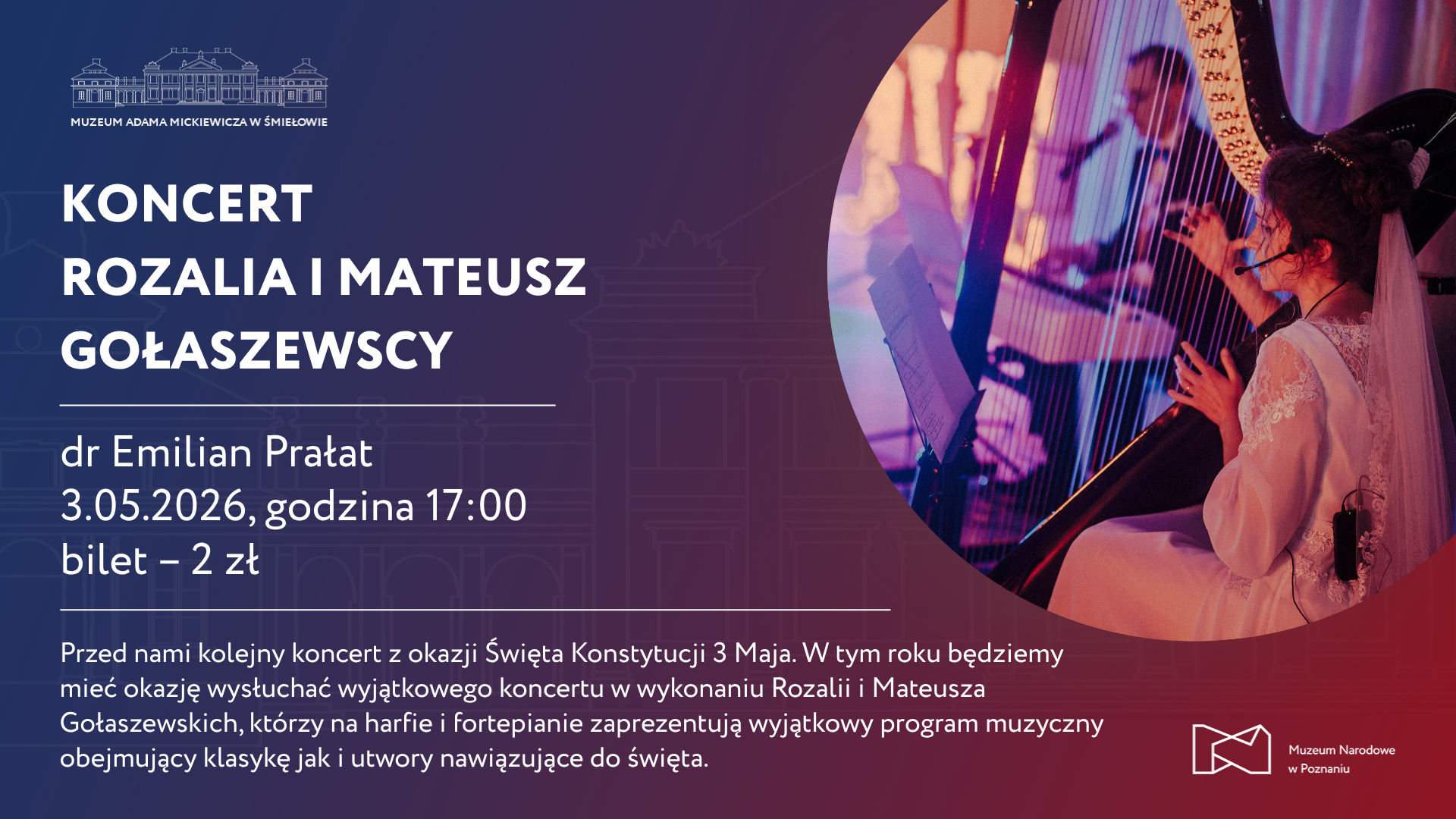 Grafika z napisem "Koncert. Rozalia i Mateusz Gołaszewski". Po prawej zdjęcie kobiety grającej na harfie.