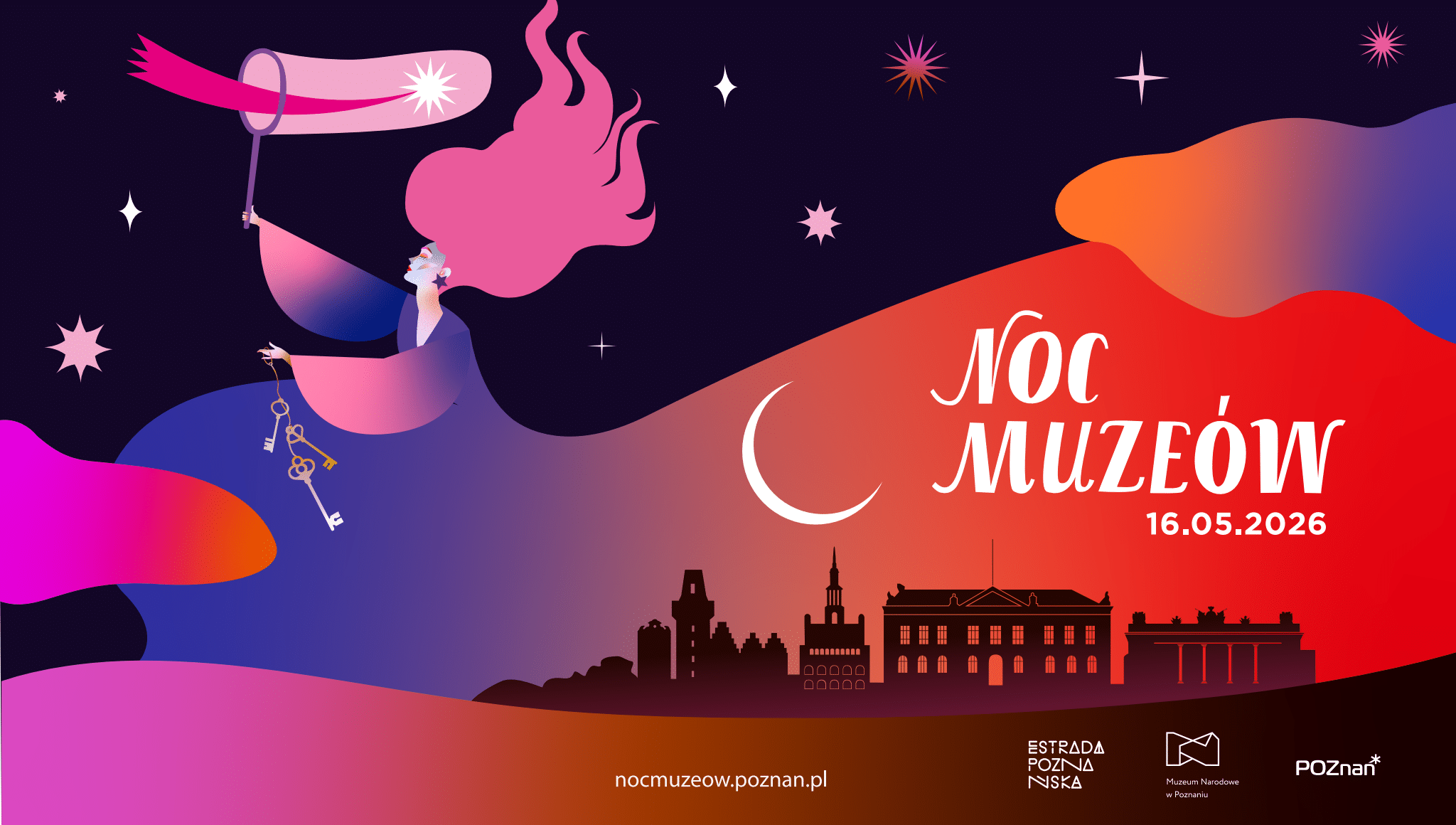 Grafika z napisem "Noc Muzeów" i wizerunkiem kobiety o rozwianych włosach.