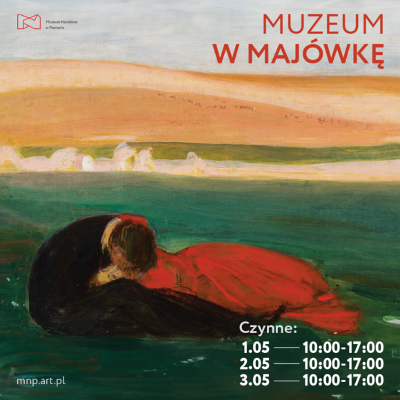 aktualnosc Grafika z napisem "Muzeum w majówkę. W tle obraz przedstawiający przytulającą się parę.