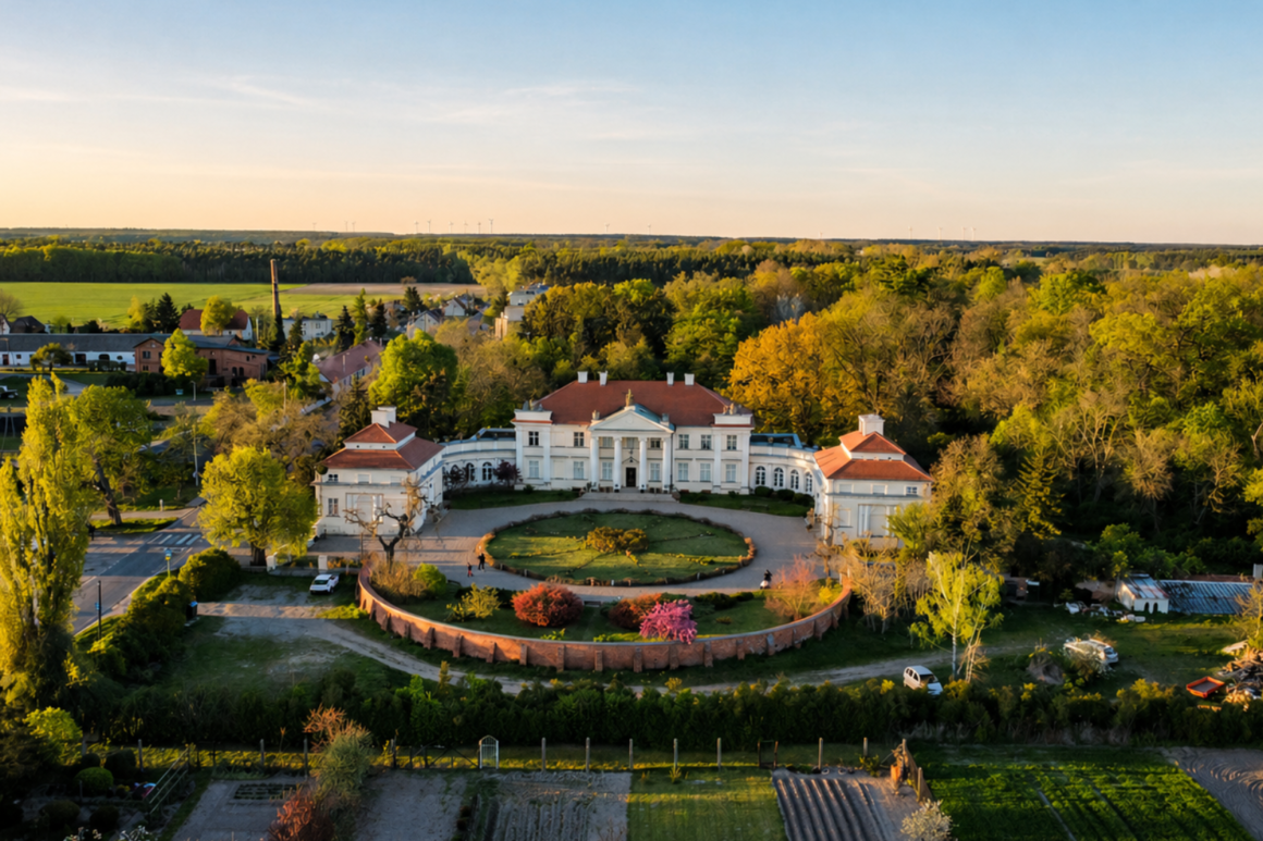 Śmiełów 2026 Budynek pałacowy ujęty z loty ptaka otoczony przez park.
