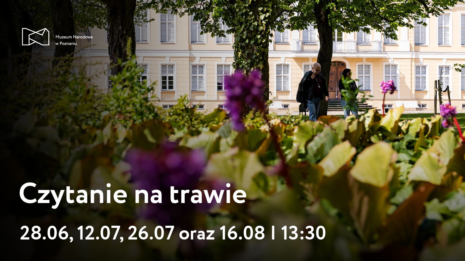 Afisz z napisem: Czytanie na trawie 12 lipca, 26 lipca oraz 18 sierpnia godzina 13.30
