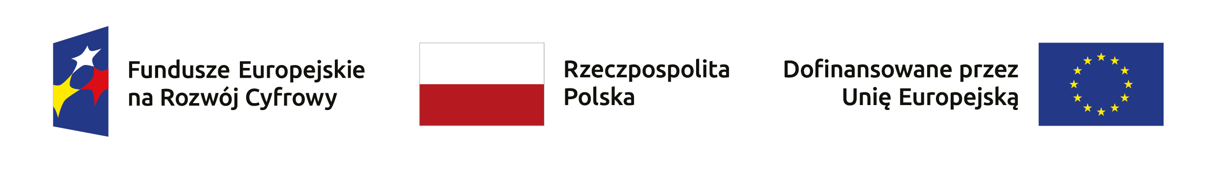 Logo: Fundusze Europejskie na Rozwój Cyfrowy, Rzeczpospolita Polska, Dofinansowane przez Unię Europejską.