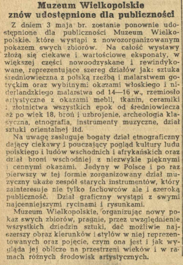 Fragment starej pożółkłej gazety z tekstem rozpoczynającym się od słów: Muzeum Wielkopolskie znów udostępnione dla publiczności.