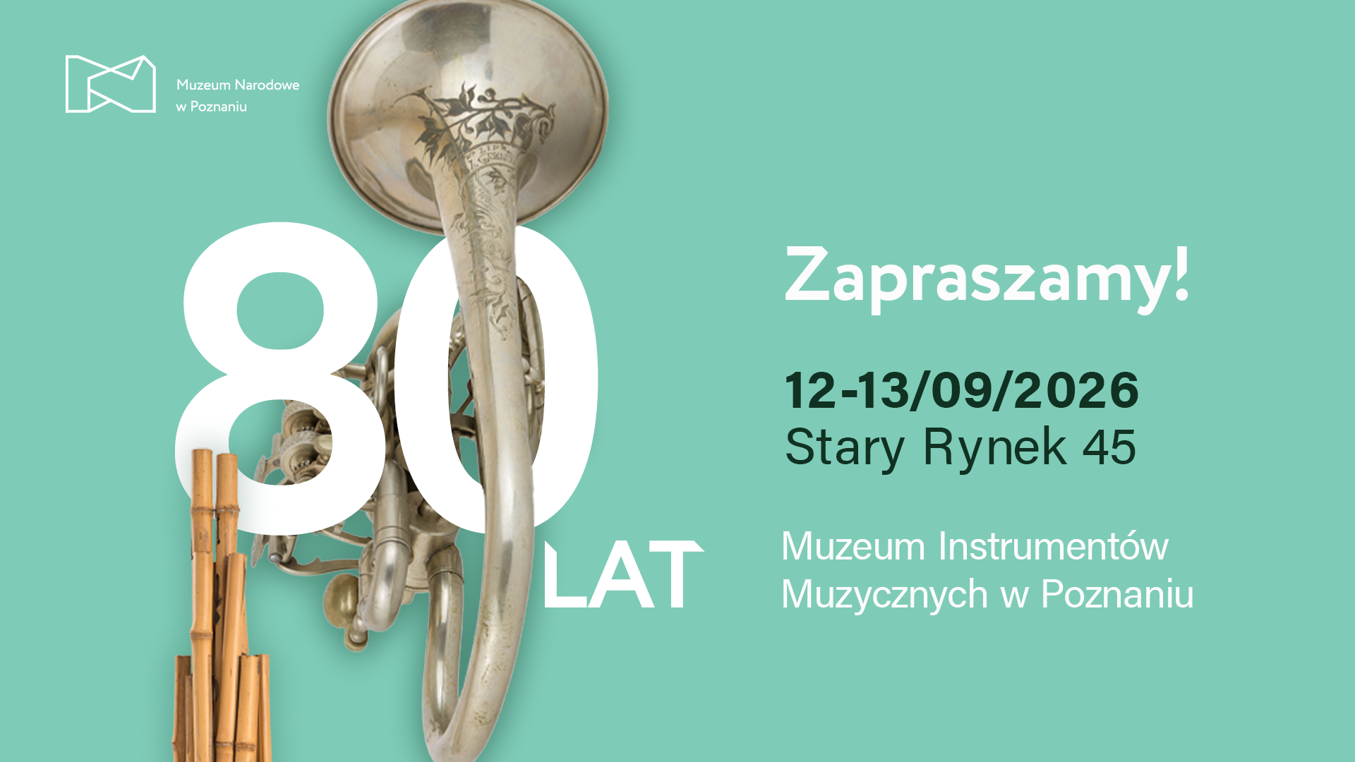 Afisz z napisem: 80 lat Muzeum Instrumentów Muzycznych w Poznaniu. 12-13 września 2026. Stary Rynek 45.